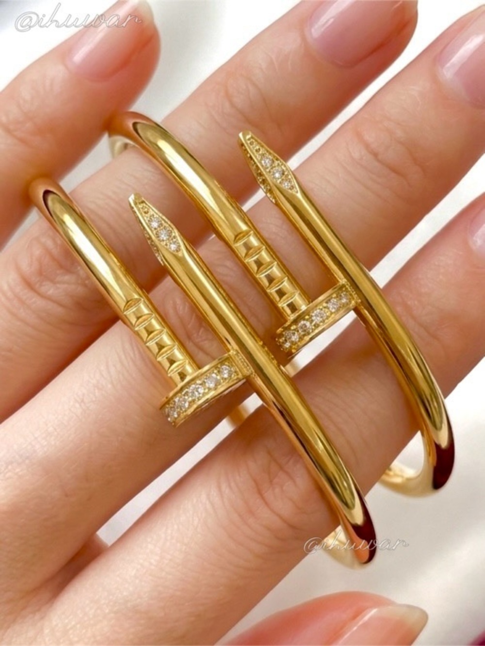 Set of 2 Nail Bangle Bracelet 18k Gold Plated Unisex CZ Pave